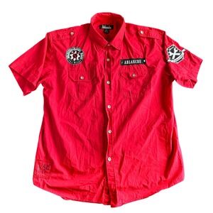 Ablanche Mens 3XL Red Short Sleeve Biker Moto Button Down Shirt Studded Patches
